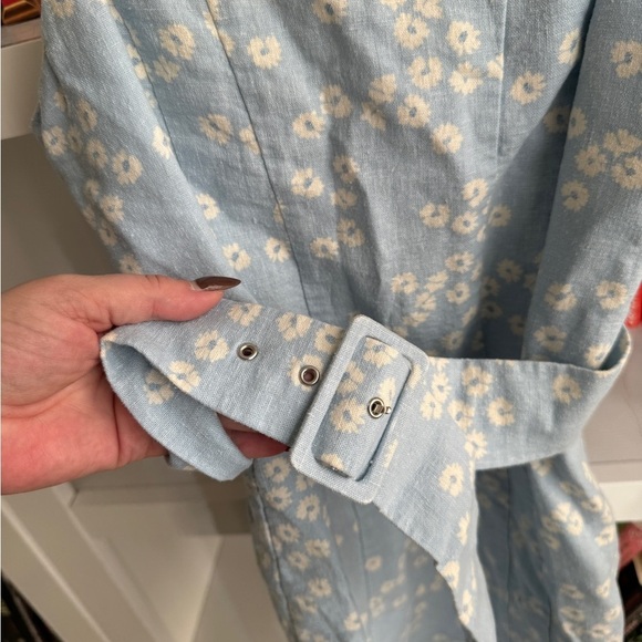 Zara blue white floral linen cotton blend belted y2k retro vintage mini dress - Picture 2 of 6